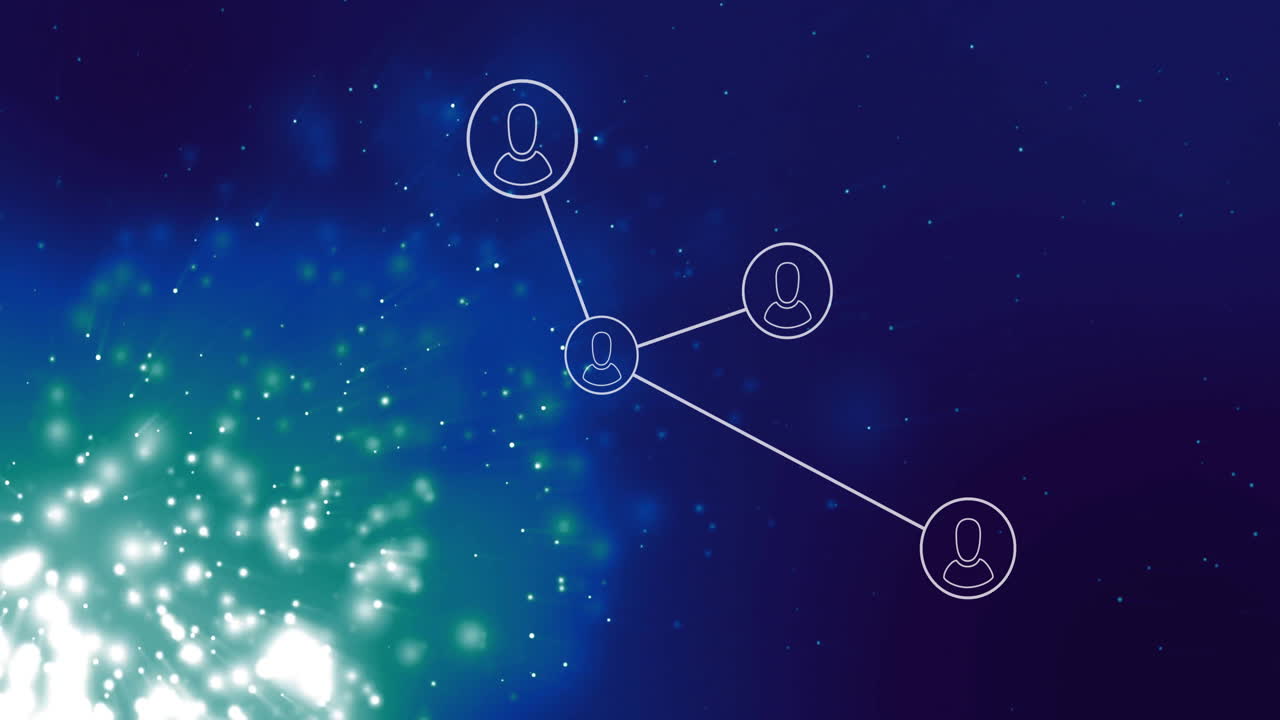 어두운 배경에 반이는 반점 위의 아이콘과 사람과의 연결의 netowrk의 애니메이션