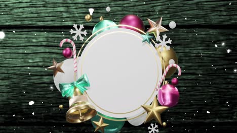 Animation-of-snow-falling-over-christmas-decorations-around-white-circular-sign-on-wooden-boards