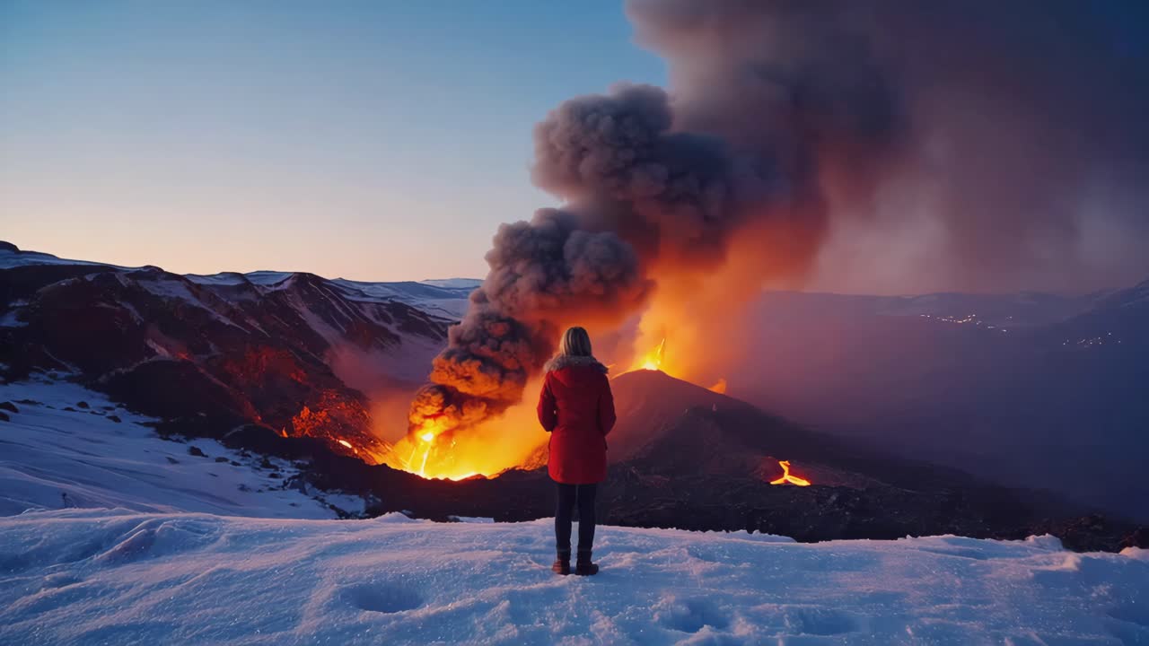 Woman watching a volcanic eruption in winter landscape