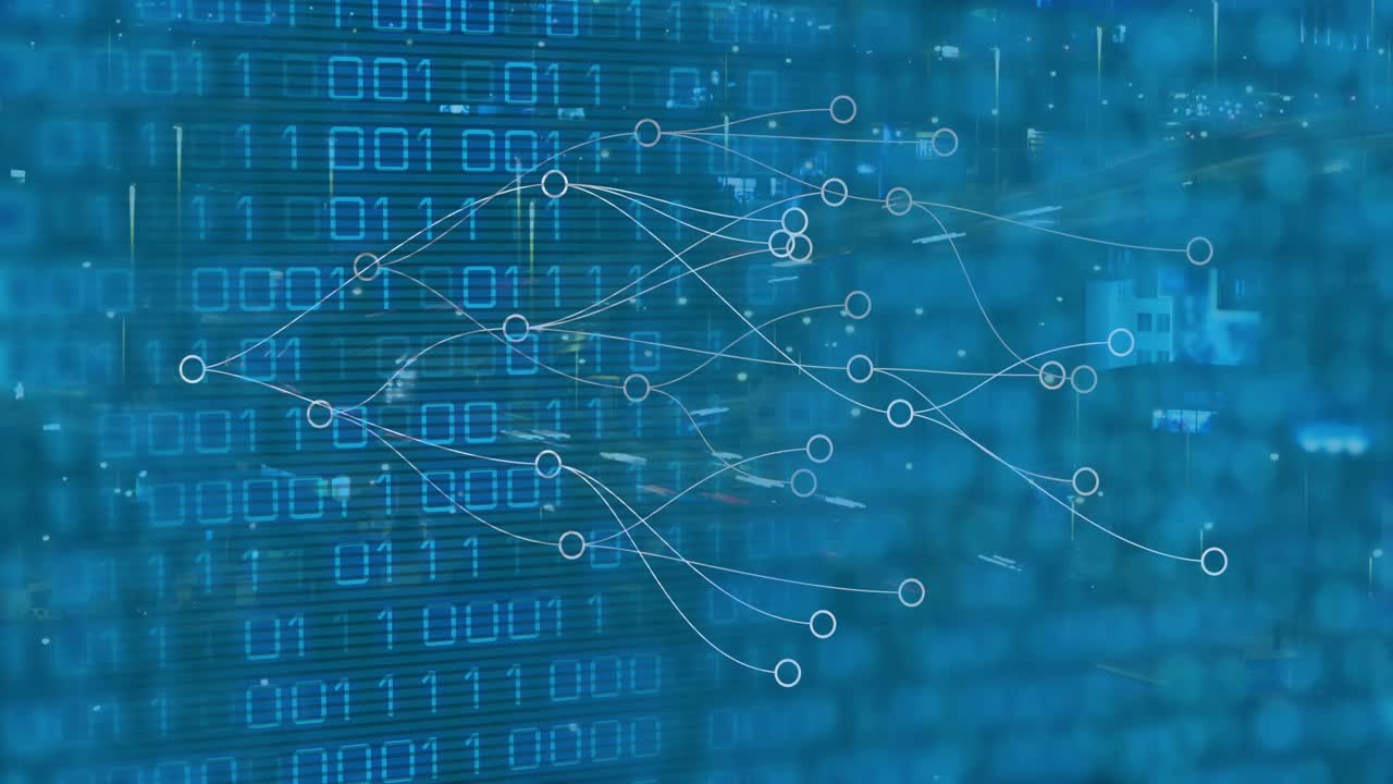 Animation of connections and binary code on blue background