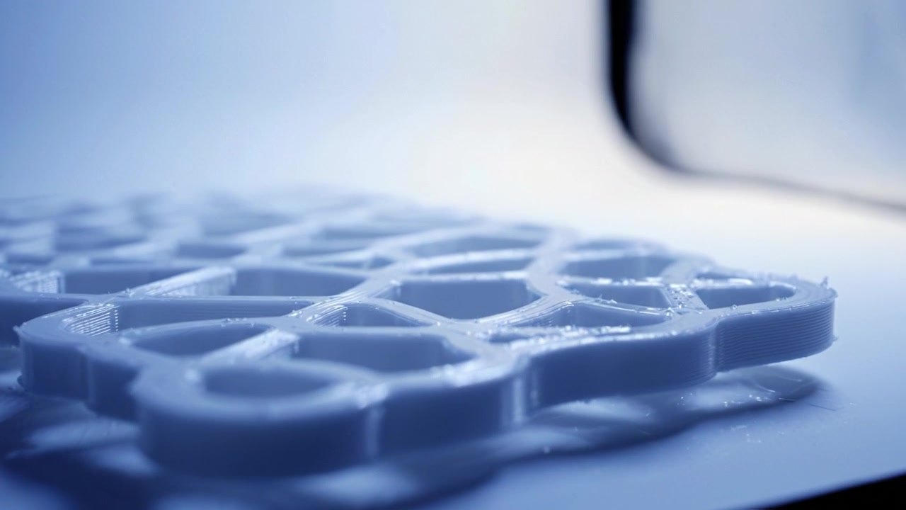 Close-up of a 3D printed geometric pattern showcasing intricate details and textures under soft lighting, highlighting innovation in additive manufacturing technology.