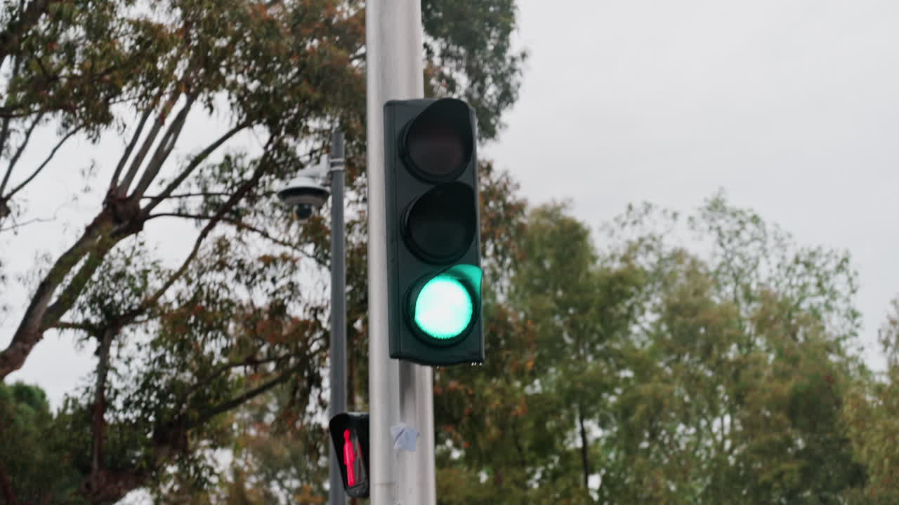 View from a moving car of a red light turning green on a traffic light