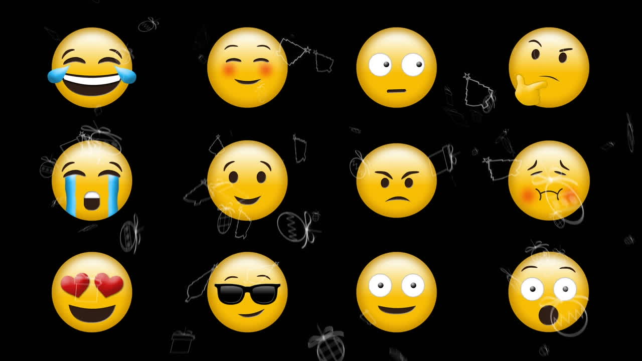 추락하는 크리스마스 아이콘 위에 이모티콘 아이콘의 애니메이션