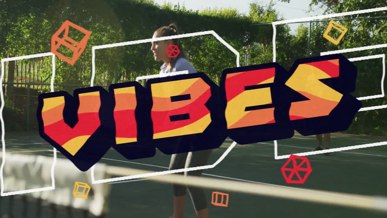 woman playing tennis near net on tennis court lines with VIBES graphic overlay promoting health