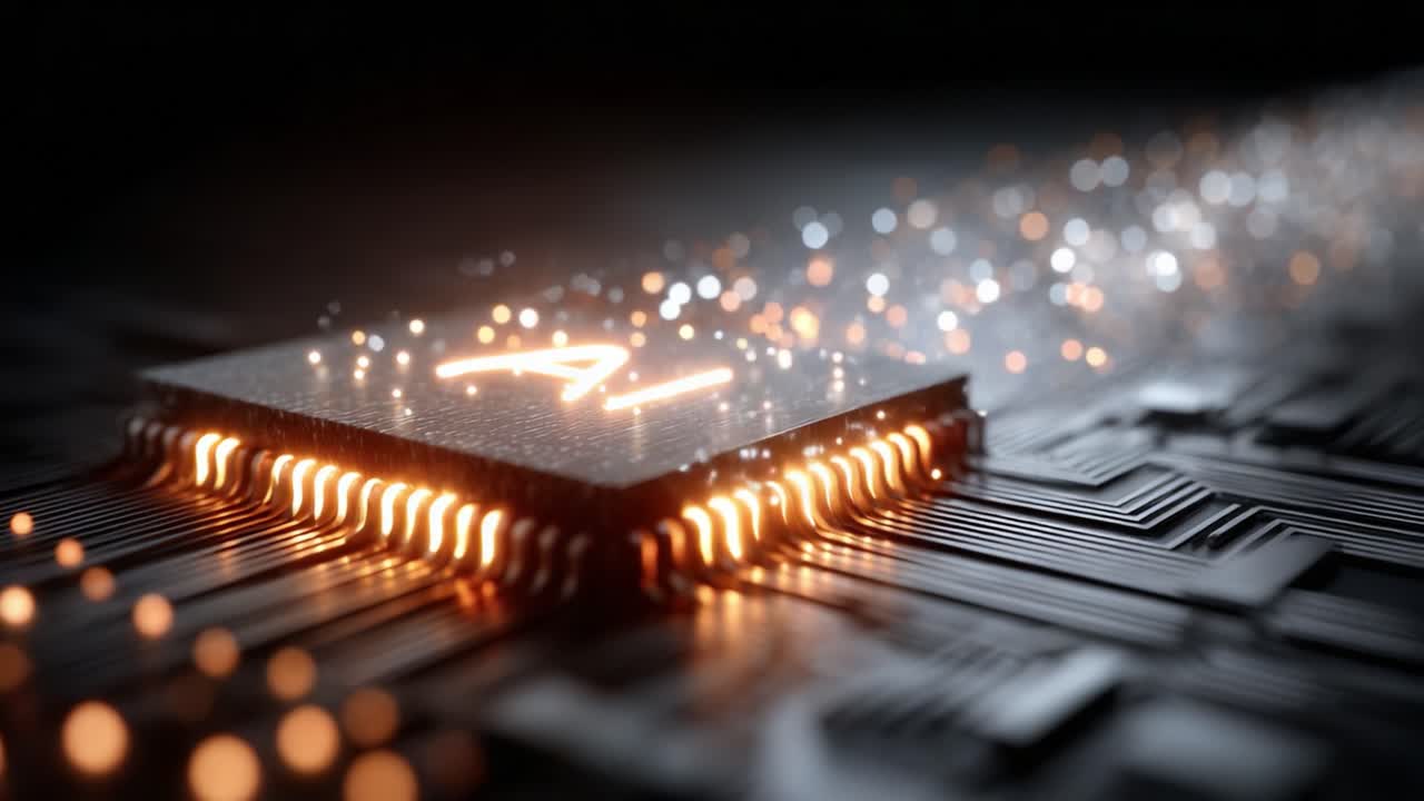 Intricate Close-up of a Glowing AI Microchip Surrounded by Sparkling Lights, Highlighting Cutting-edge Technology and Future Innovations in Electronics and Computing