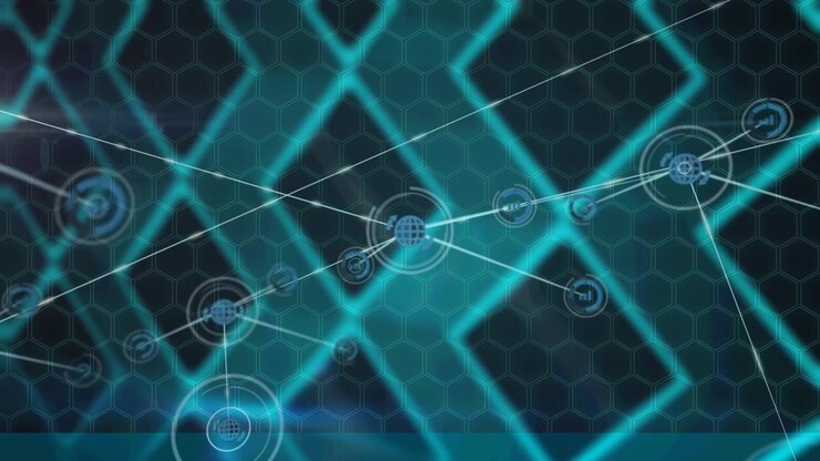 Digital animation of network of digital icons over abstract pattern design against blue background