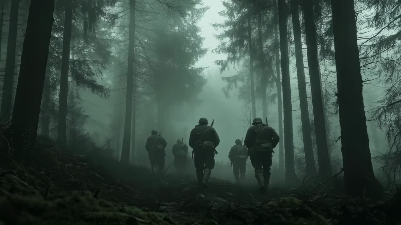 Military squad patrolling dense woodland during misty morning, navigating shadowy trees with tactical precision while embodying tension of covert mission