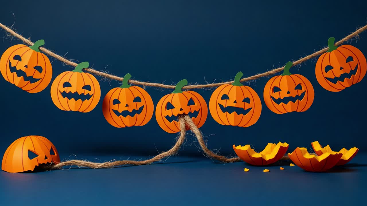 A Colorful Display of Halloween Decorations Featuring Playful Paper Pumpkins and Cheerful Expressions Against a Vibrant Blue Background