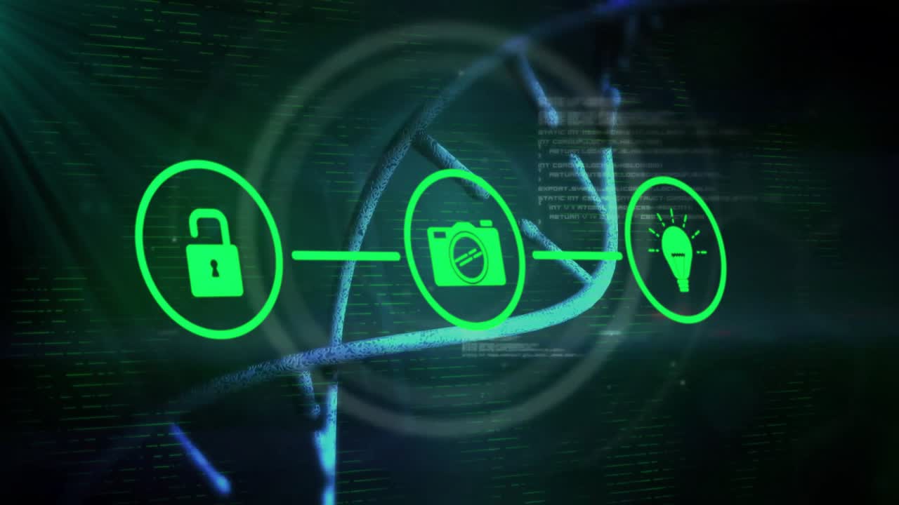 Padlock appearing and unlocking starting camera and bulb linking rotating 3D helix showing identity