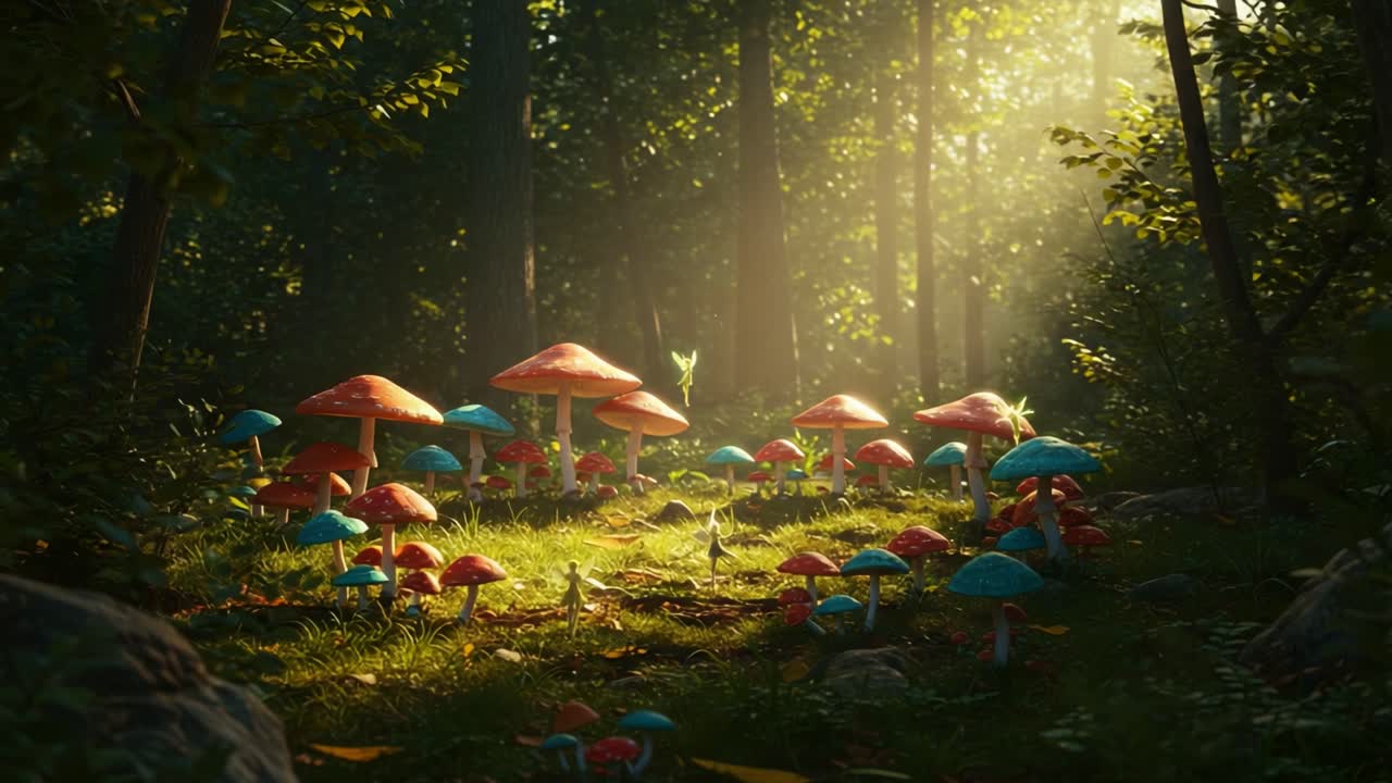 Enchanted Forest Scene with Colorful Mushrooms and Magical Atmosphere Illuminated by Sunlight in a Lush Green Environment