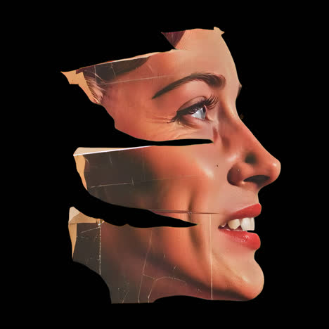 artistic fragmented female portrait animation isolated asset, transparent 4k video, alpha channel