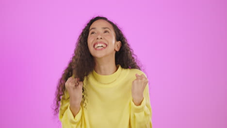 yes, excited winner and woman face in studio