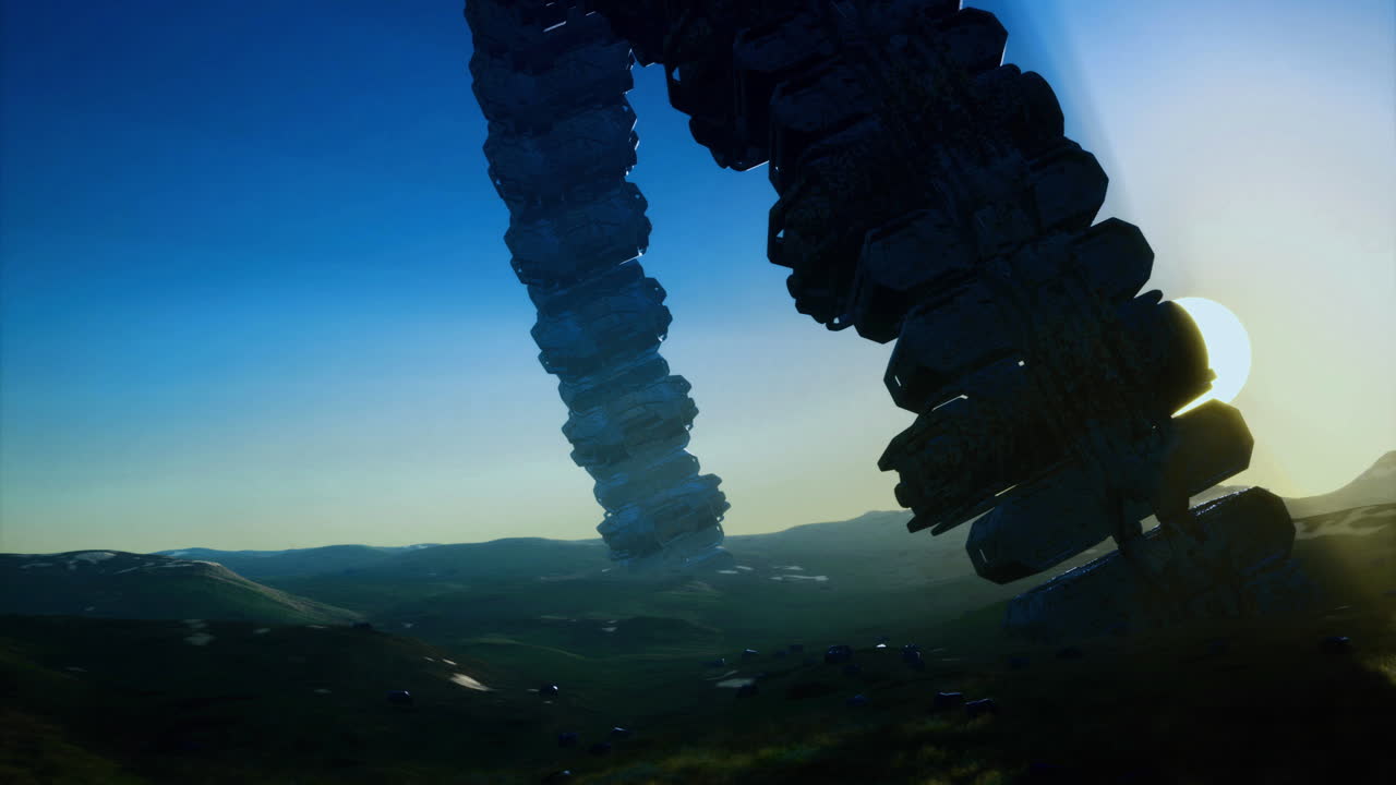 Intriguing alien ship descends over a serene landscape at dusk