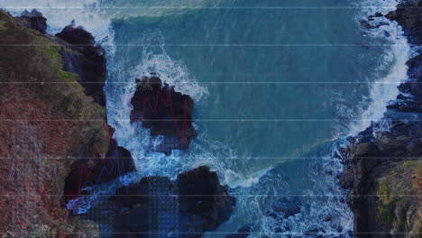 animación de gráficos y datos financieros sobre el mar y la tierra vista desde arriba