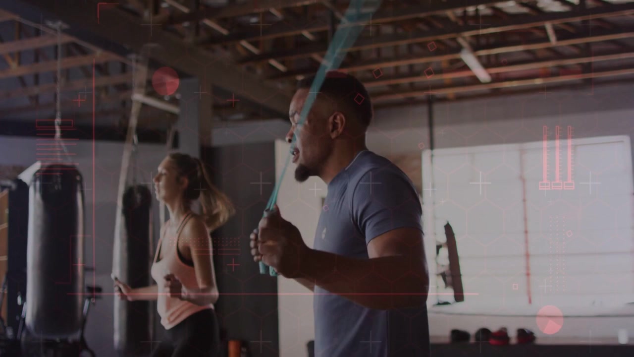 Man, woman starting jump-rope from first swing, swinging ropes while animated arcs tracing fitness