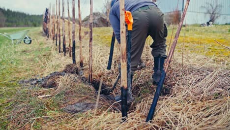 man digging holes on the ground with a spade for skigard fence post in the countryside