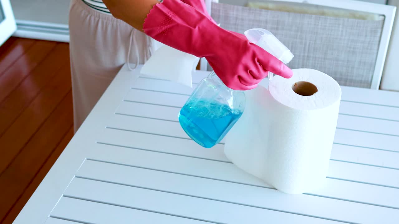 A person wearing pink gloves sprays blue cleaning liquid onto a paper towel roll on a white table in a bright indoor setting, using steady overhead lighting and a static camera angle