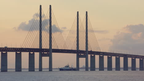 vessel cruises under cable-stayed oresund bridge backlit by sunset sky