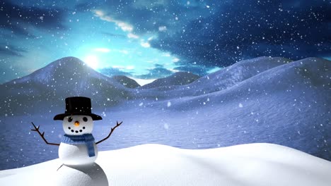 Animation-of-snowman-and-snow-falling-over-snowy-landscape