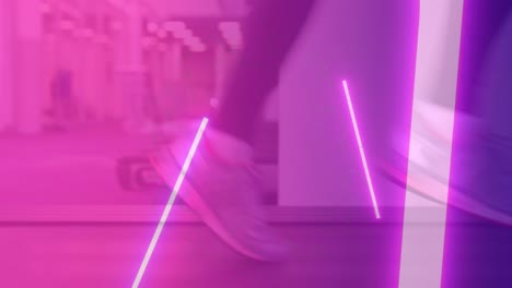 Animation-of-glowing-pink-lights-over-athlete-running-on-treadmill-in-gym