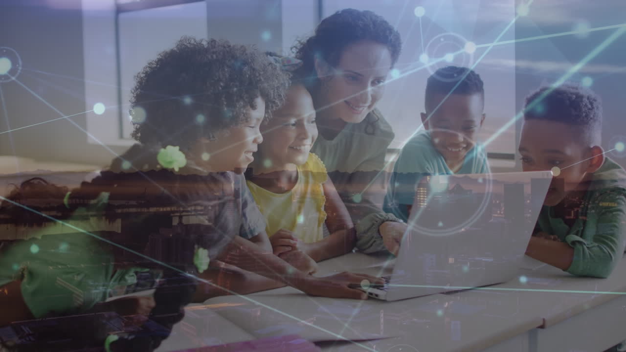 Animation of data processing over caucasian female teacher with diverse schoolchildren using laptop