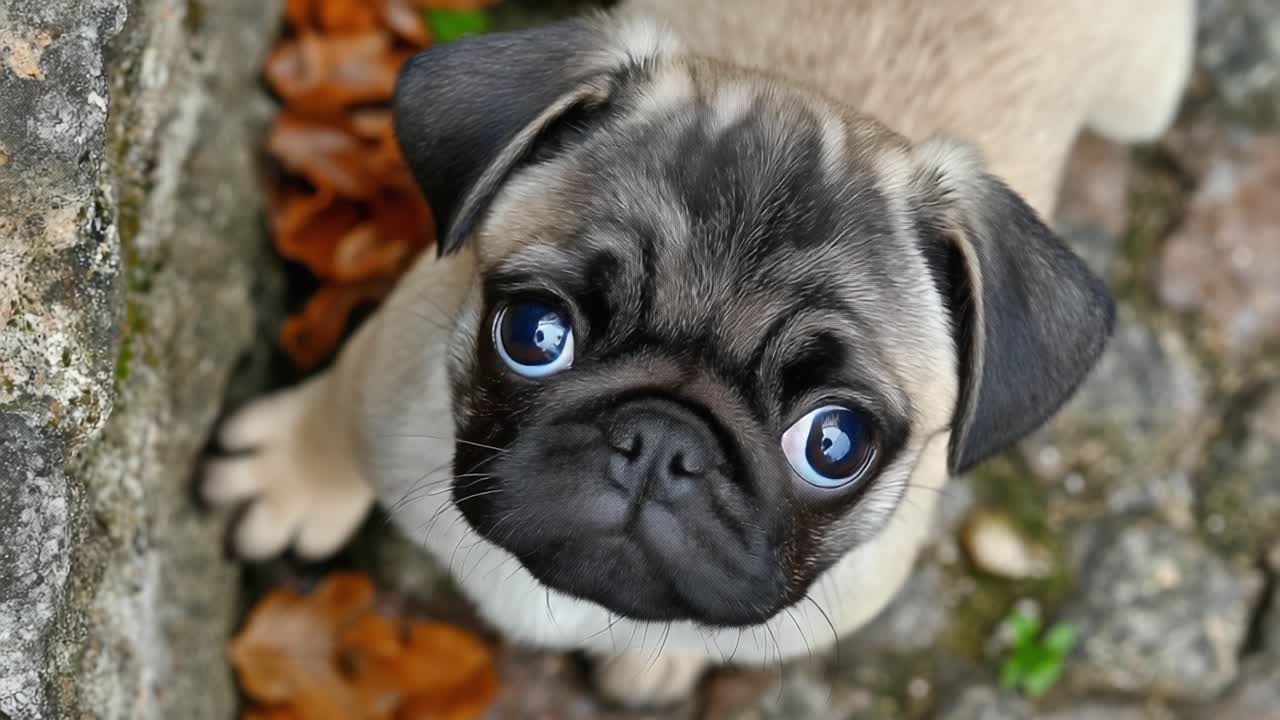 葉の茂る石畳の道で、澄んだ青い目で魅惑的に見つめる愛らしいパグの子犬。自然に囲まれ、その魅力と遊び心を余すことなく見せている。