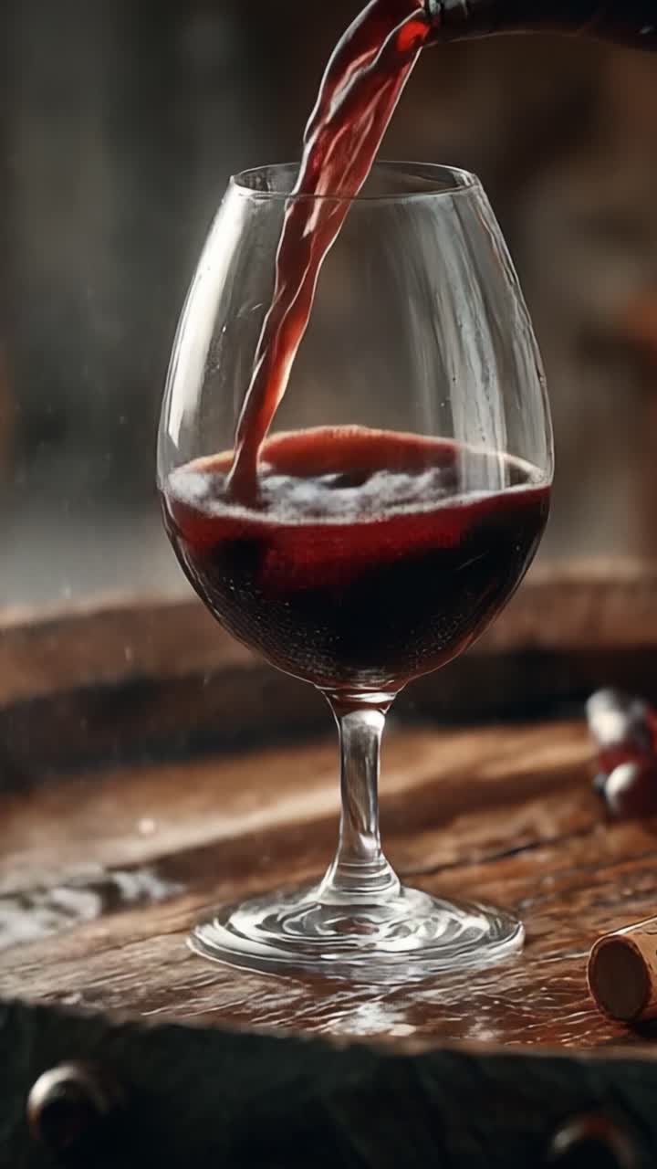 Versata accattivante: una sequenza vivida di vino rosso versato in un bicchiere, che mette in mostra il colore intenso e la bellezza materica della bevanda in un ambiente rustico