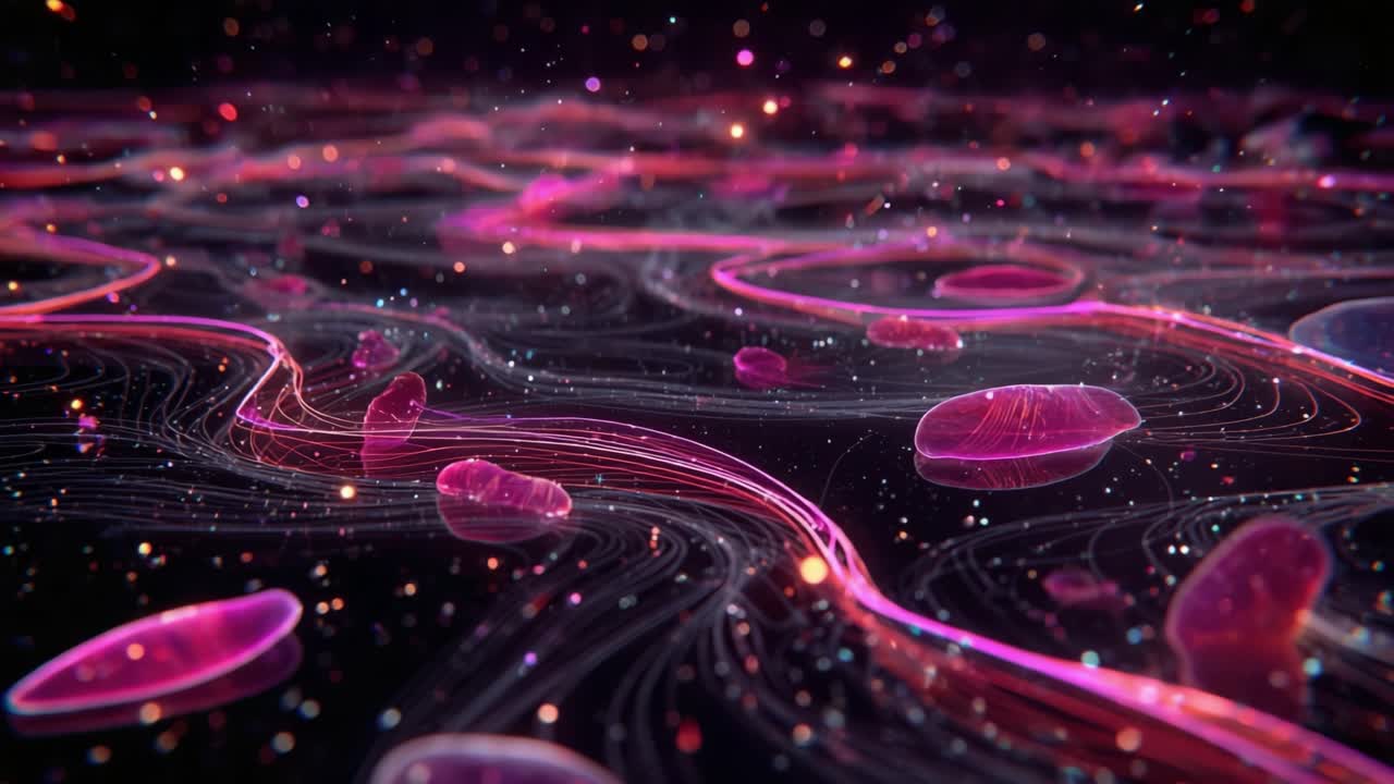 An Ethereal Journey Through a Vibrant Microscopic Universe, Featuring Glowing Shapes and Colorful Fluid Dynamics, Capturing the Beauty of Cellular Life in Motion