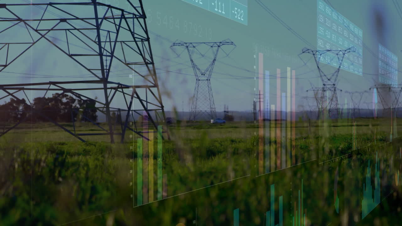 Power lines and electricity pylons over data analytics animation in rural area