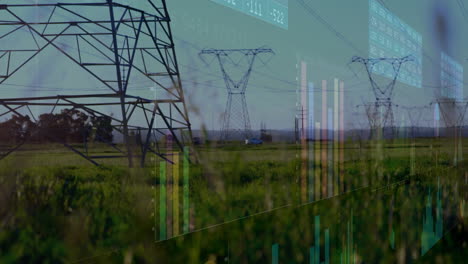 power lines and electricity pylons over data analytics animation in rural area