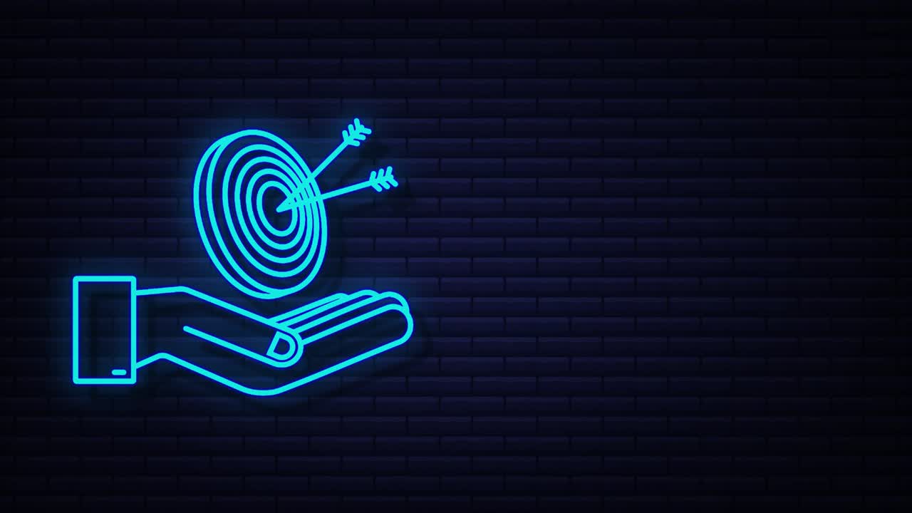 con una flecha en las manos objetivo icono de neón concepto mercado objetivo imagen de stock. concepto mercado objetivo. gráfico de movimiento