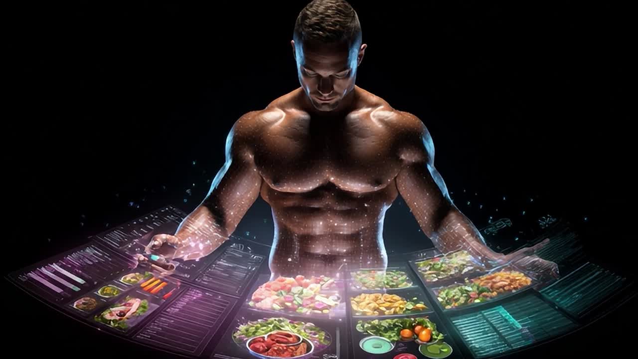 Schermo digitale con opzioni di pasti salutari e uomo muscoloso