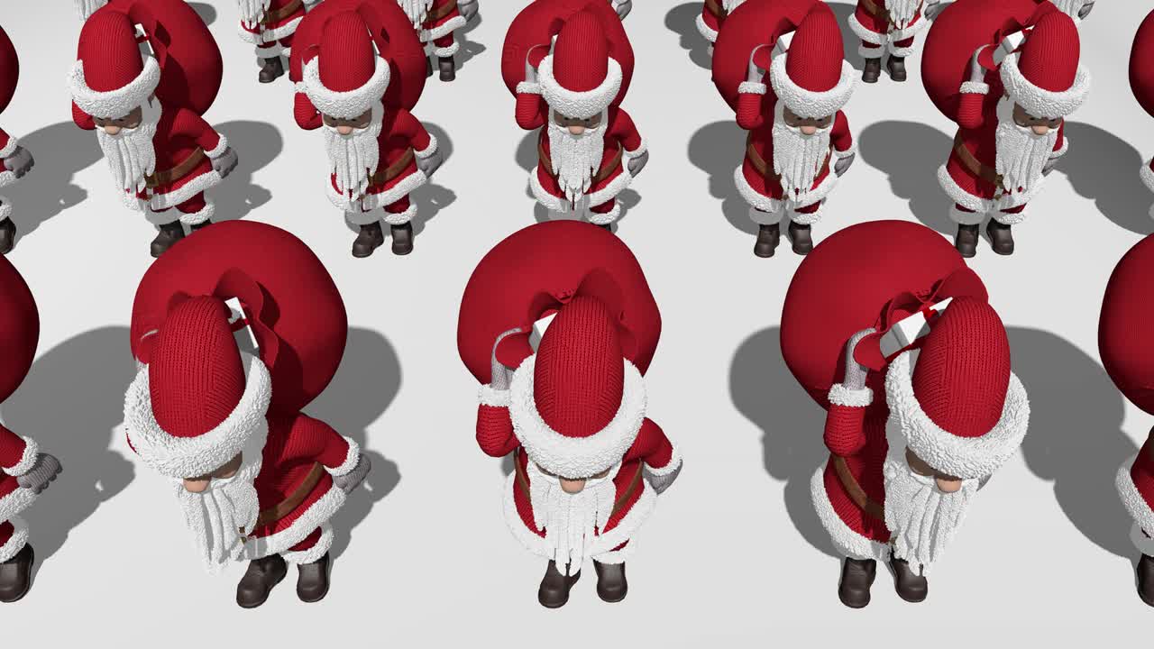 산타클로스 군대는 선물 가방을 가지고 있습니다. 메리 크리스마스 및 행복한 새해 2020 애니메이션.