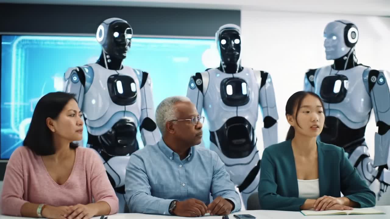 A Diverse Group Engages with Humanoid Robots in a Futuristic Conference Setting, Discussing Advanced Technologies and Innovations in Robotics