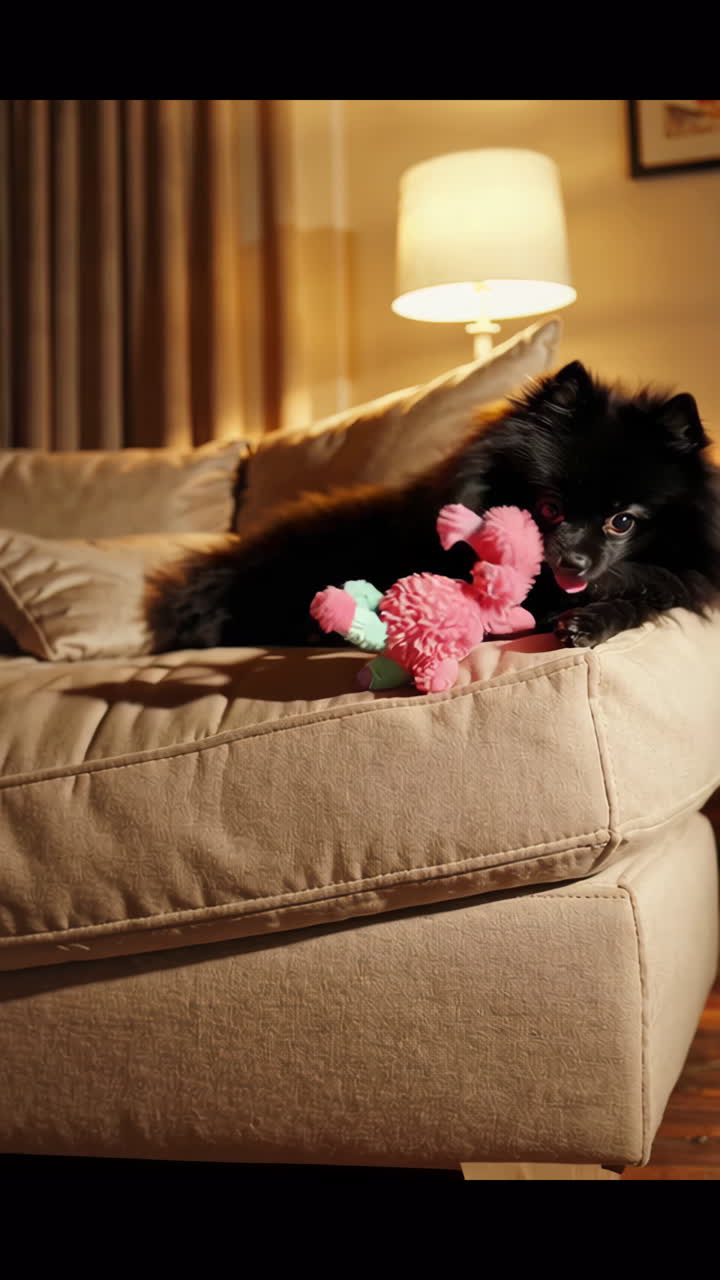 Black Pomeranian Dog with Pink Toy on a Beige Sofa