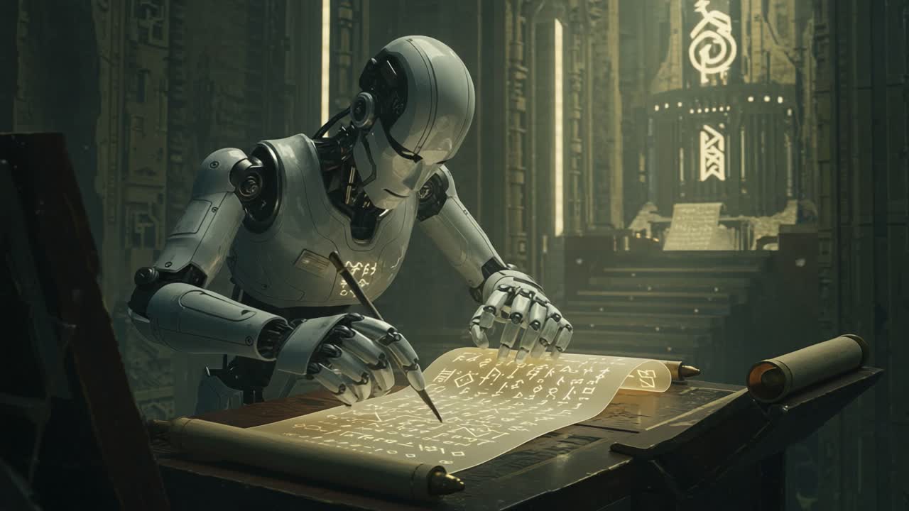 A futuristic robot meticulously inscribes mysterious symbols onto ancient scrolls in a dimly lit, atmospheric chamber filled with exotic architecture and enigmatic artifacts