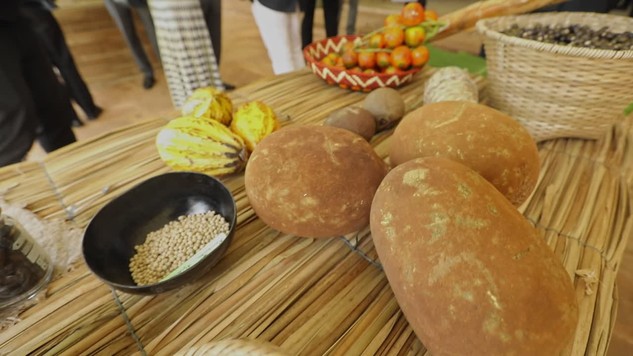 아마존 열대우림의 지속 가능한 유기농 농장에서 수확한 빵, 견과류, 코코아, 과일 및 야채가 표시된 테이블
