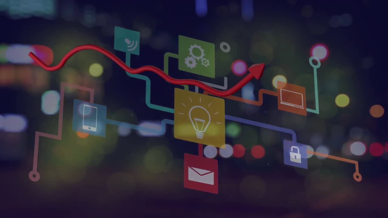 animación de la estadística con línea roja y red de conexiones sobre el tráfico vial fuera de enfoque.