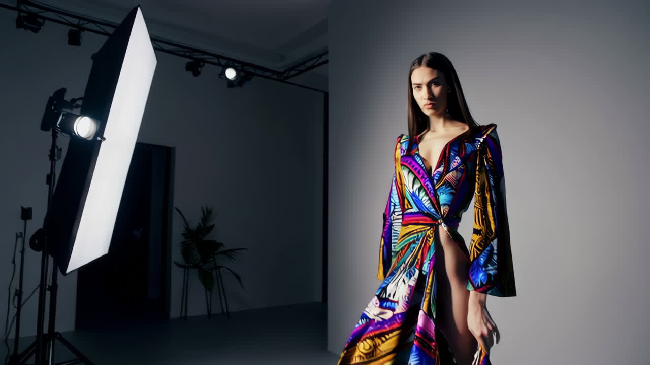 Fashionable Woman in a Colorful Printed Dress