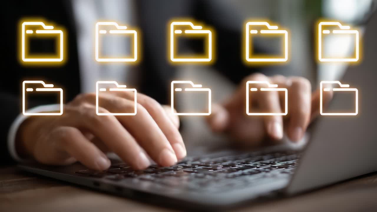 A Professional Using a Laptop to Organize Digital Folders, Reflecting Modern Work Habits and Efficient File Management Techniques in a Business Environment