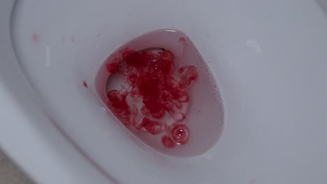 fresh red menstruation blood emptied into toilet bowl, closeup mixing with water