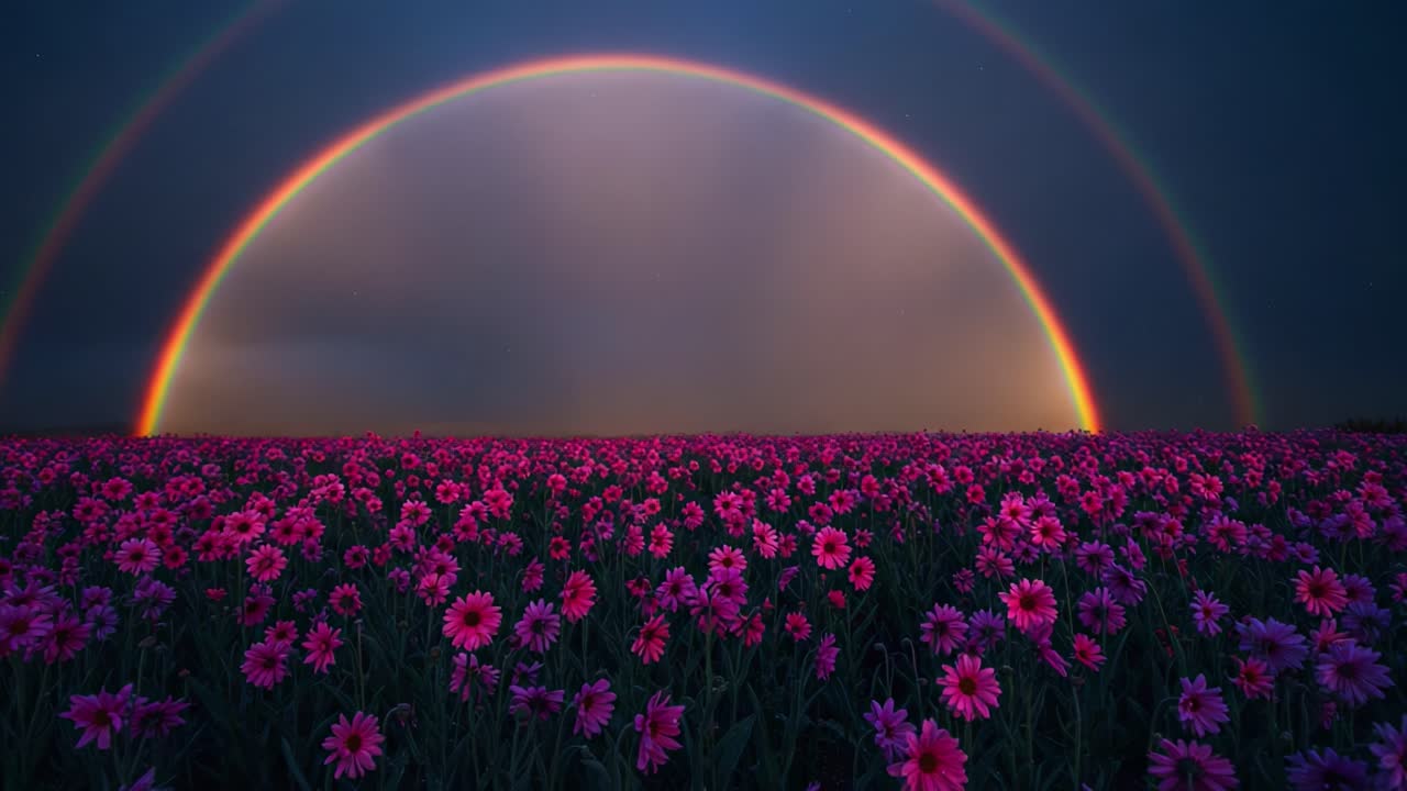 A Spectacular Display of Nature's Beauty: Vibrant Pink Flowers Blooming Under a Majestic Rainbow Against a Serene Sky