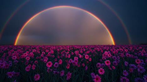 a spectacular display of nature's beauty: vibrant pink flowers blooming under a majestic rainbow against a serene sky