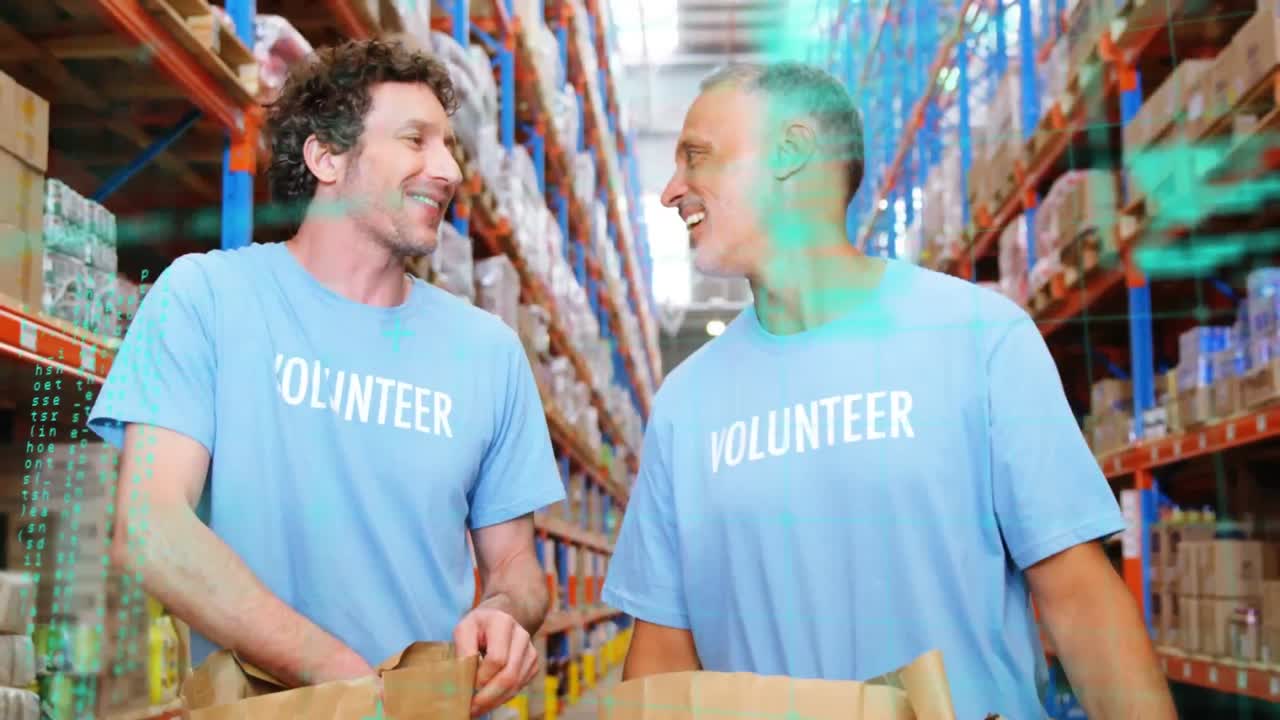 Animation of data processing over diverse people working in warehouse