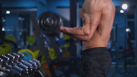 strong bodybuilder pumping up muscles. handsome athlete doing workout with dumbbells. athletic man doing exercises in gym naked torso sport. profile view.