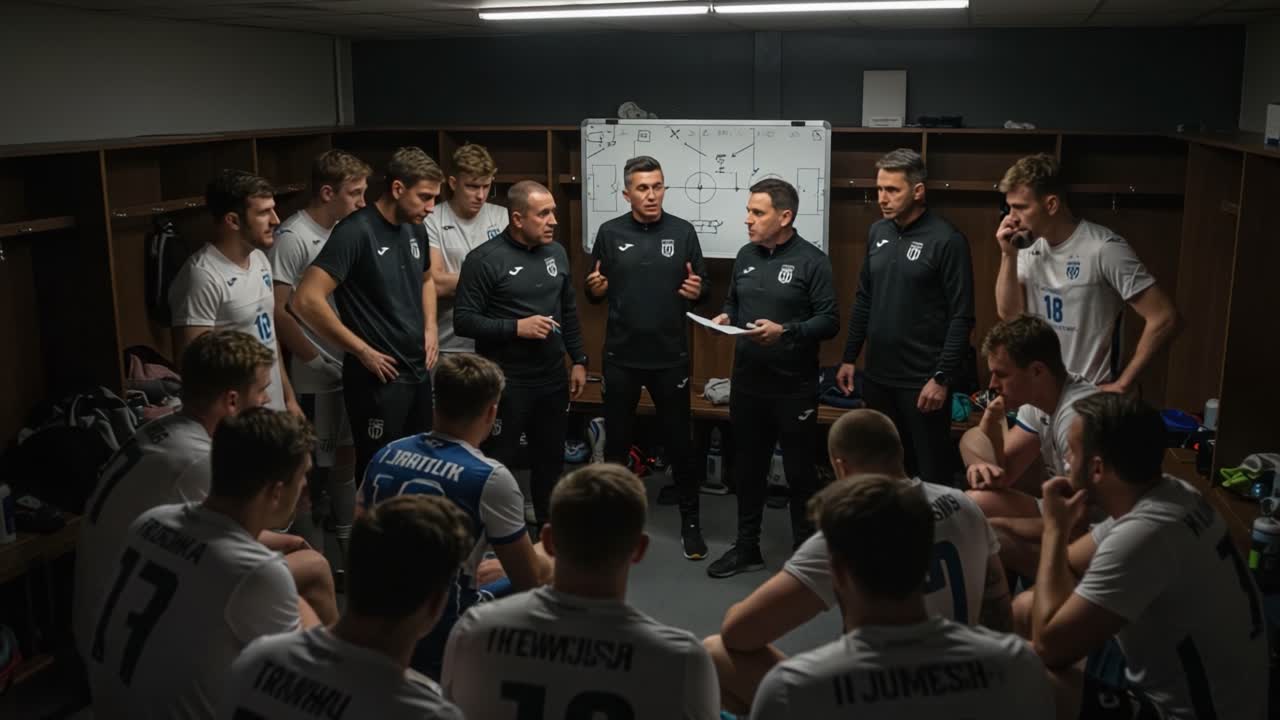 Team Huddle: Coaches Strategizing with Players in Locker Room Before Game, Fostering Unity, Focus, and Tactical Planning for Upcoming Match