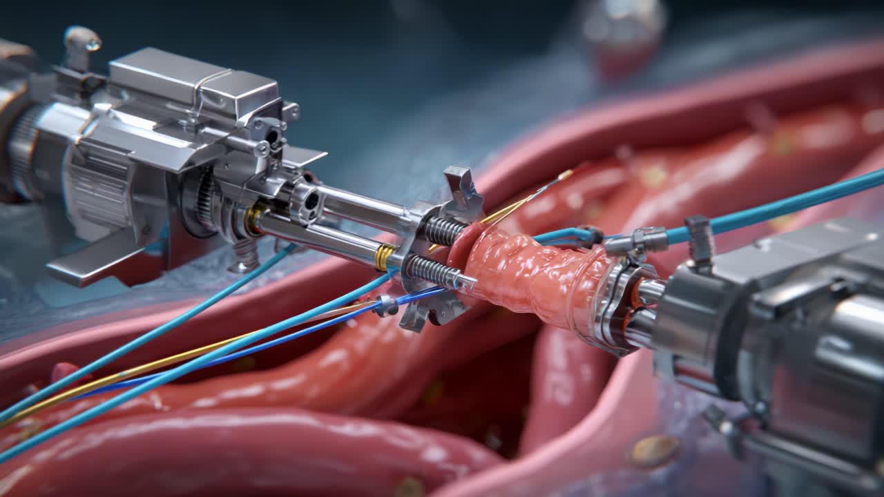 Advanced robotic surgery technology operating inside a biological structure, showcasing precision tools manipulating tissue with intricate details resembling human anatomy