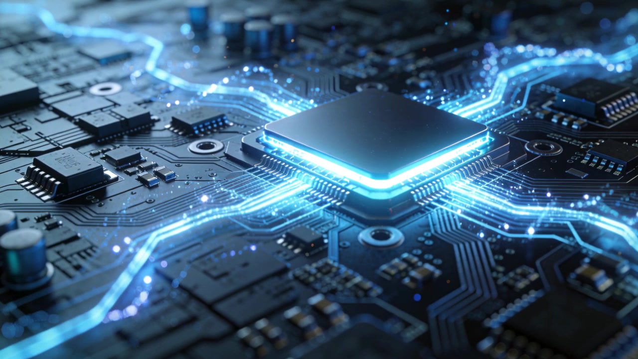 Receiving signal central chip pulsing blue energy along PCB traces in macro studio, components