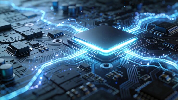 Receiving signal central chip pulsing blue energy along PCB traces in macro studio, components