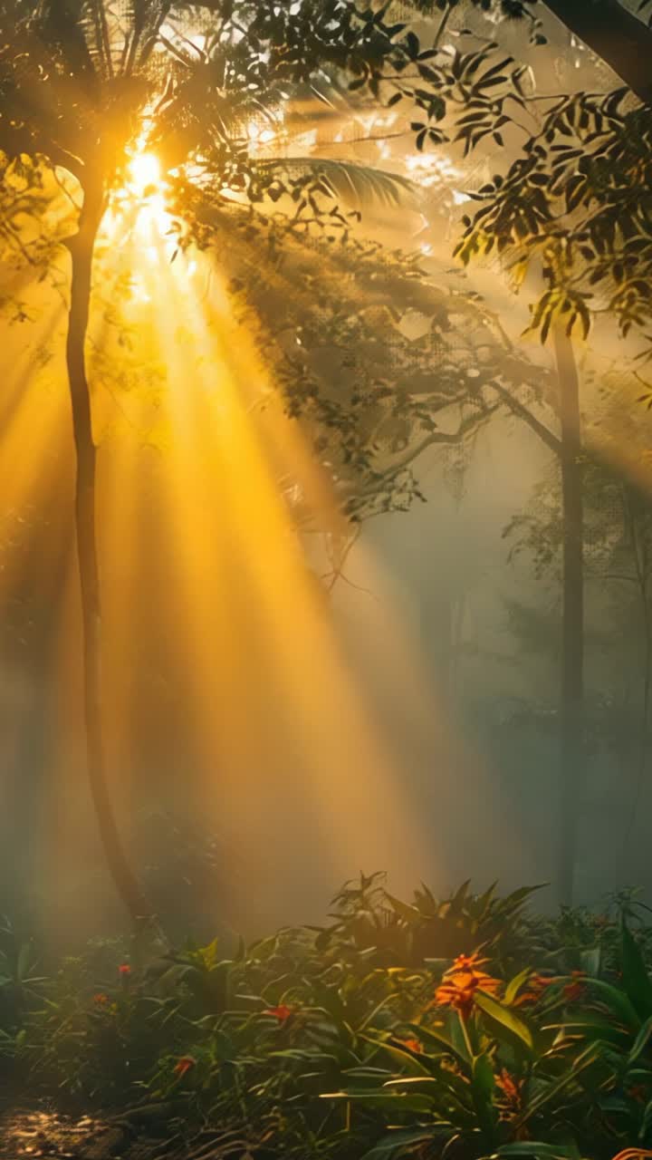 Vertical video: Streaming sunbeams entering forest at dawn, showing misty trunks and orange flowers